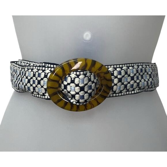 Top It Off Fabric Embroidered Woven Tortoise Shell Lucite Buckle Belt Size Large - Picture 1 of 6